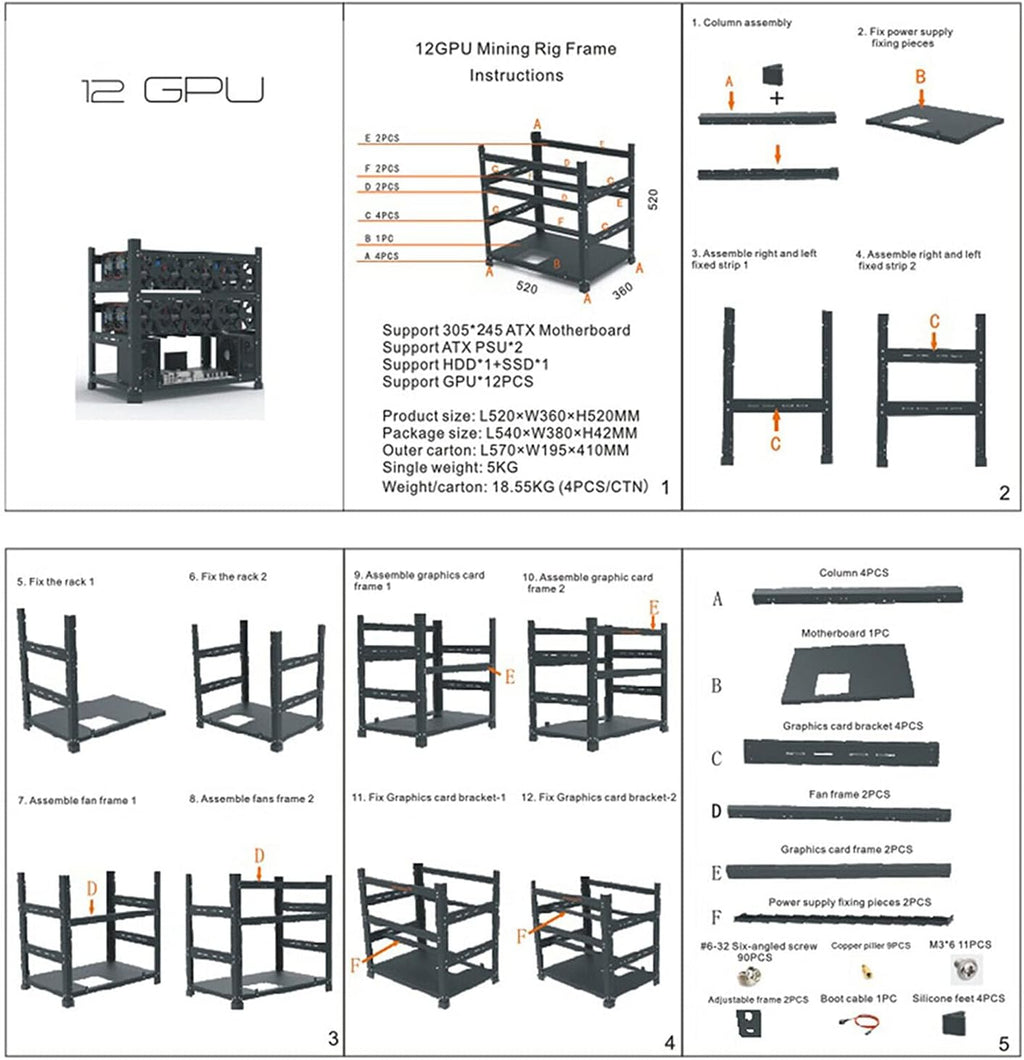 MC036 White Fit 12 GPU Test Bench, Local LLM AI Computer Case, Crypto Mining Rig Frame