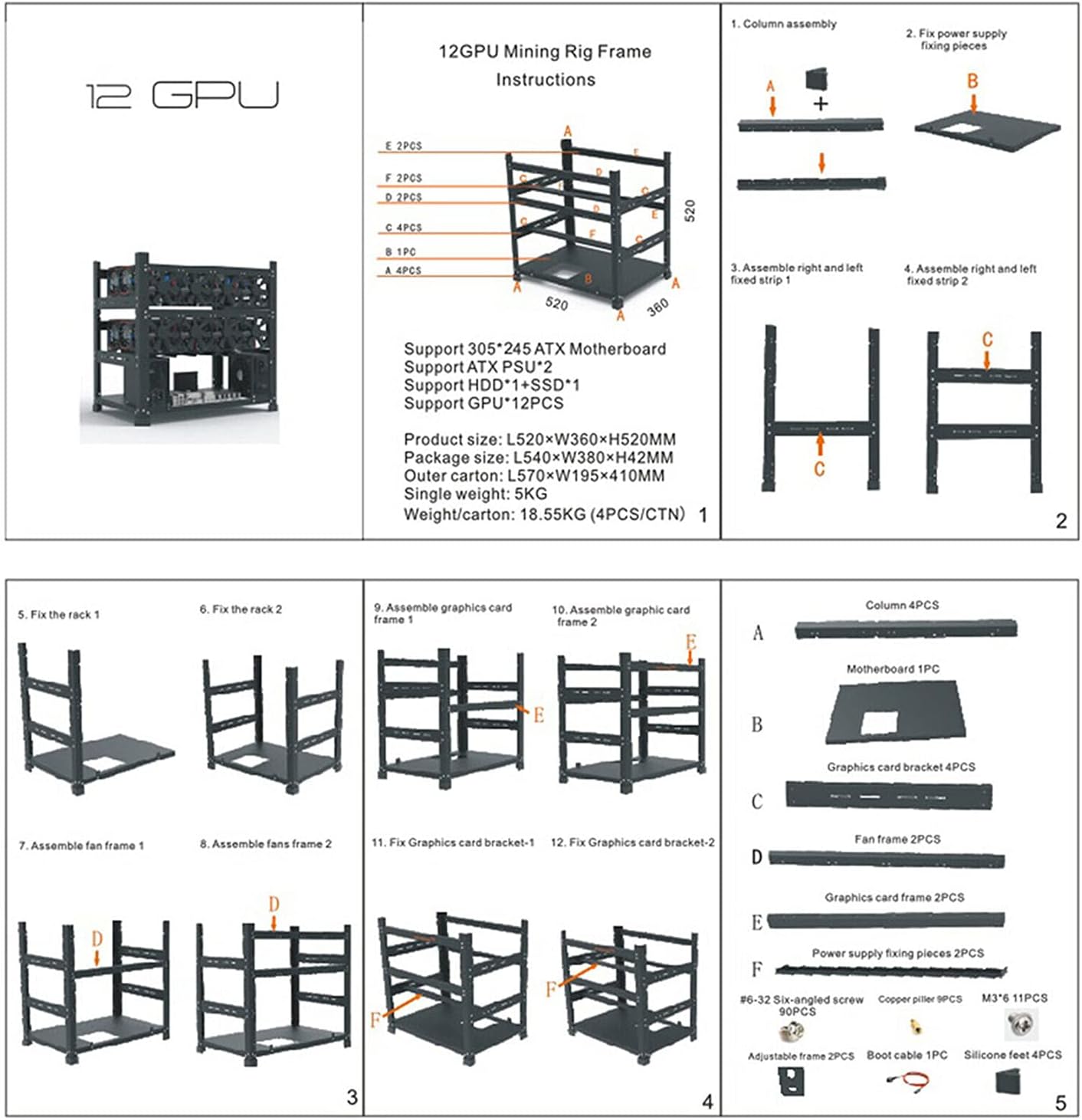 MC036 White Fit 12 GPU Test Bench, Local LLM AI Computer Case, Crypto Mining Rig Frame